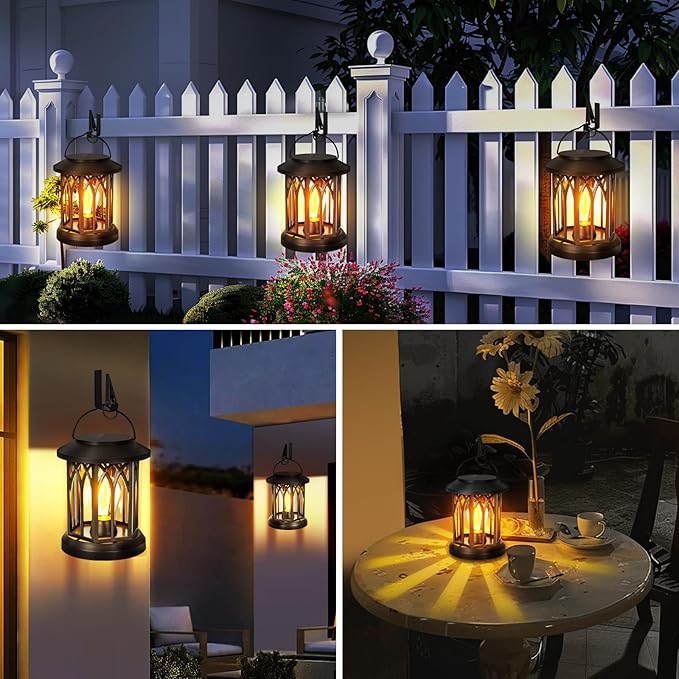 Hanging Solar Lanterns Outdoor Waterproof - 2 Pack Solar Lantern Decorative, Hanging Solar Lights for Outside, Outdoor Solar Powered Lantern with Handle & Clip for Patio Yard Decor