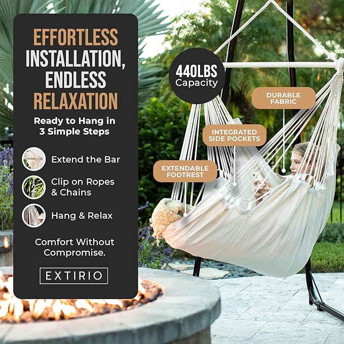 Hanging Hammock Chair Swing – Hanging Chair Outdoor & Indoor - Hammock Swing Chair – Quick & Easy Setup with Hardware Kit – Durable & Spacious Full Body Support – Holds 440 Lbs