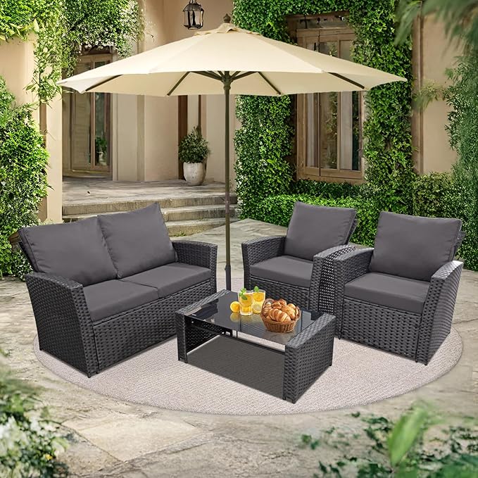 4 Piece Outdoor Patio Furniture Set,Wicker Conversation Sets Outdoor Sectional Patio Sofa Couch with Cushions & Coffee Table for Outside, Garden, Balcony, Porch,Black/Grey