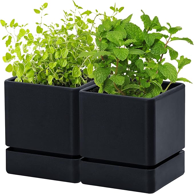 4 Inch Herb Planter Pot, Plastic Planter with Drainage Holes and Saucer, Modern Decorative Gardening Pot for Indoor Plants, Flowers, Herbs, Succulents, Black, Set of 2, 76-Y-B-2