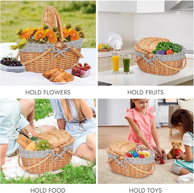 Happypicnic Wicker Picnic Basket with Handle, 15" Large Empty Picnic Basket with Lid & Removable Liner, Vintage Hand Woven Basket for Picnics, Camping, Veg Picking, Mother's Day, Thanksgiving (Check)