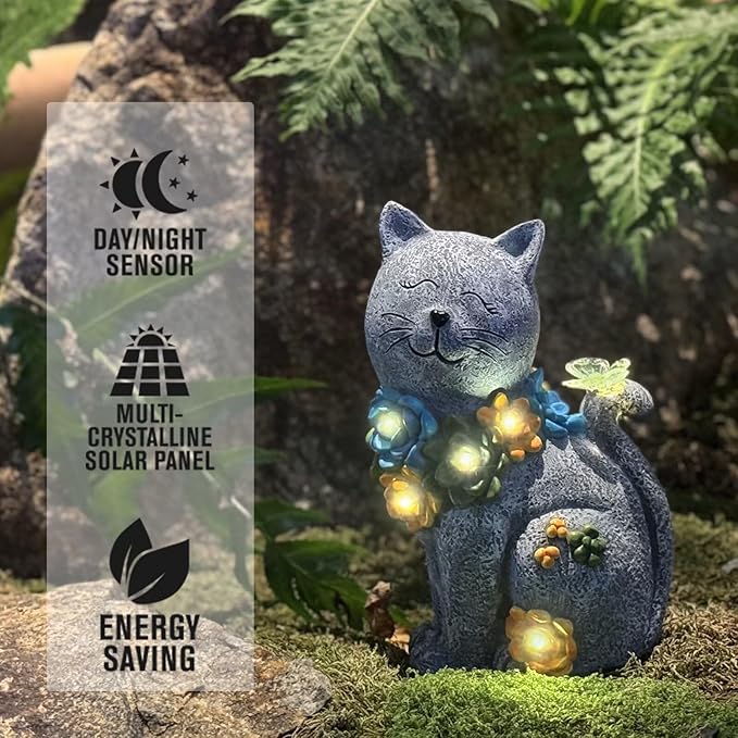 Garden Outdoor Decor Cat Statue with Solar Succulent Resin and 6 LEDs, Large Cats Sculpture with Butterfly Solar Lights for Patio, Balcony, Yard, Lawn Ornament