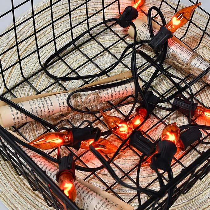 27.8Ft Halloween Decorations Flickering Flame String Lights with 27 Pack Orange Clear Flame Light Bulbs (4 Spare E12 Bulbs), Orange Christmas Lights Outdoor for Home Party Christmas Halloween Decor