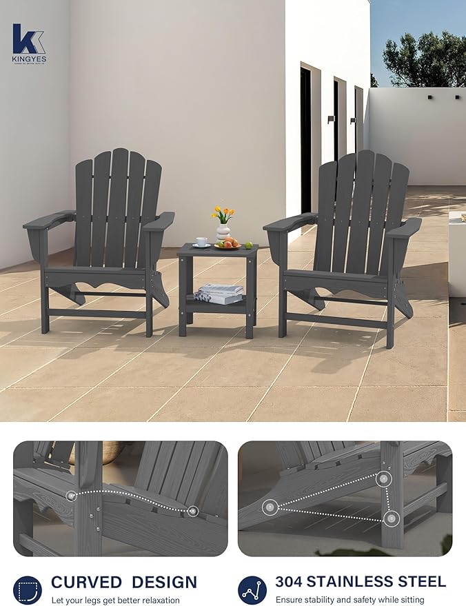 KINGYES HDPE Adirondack Chair Set of 8, Classic Oversize Adirondack Chair, Grey