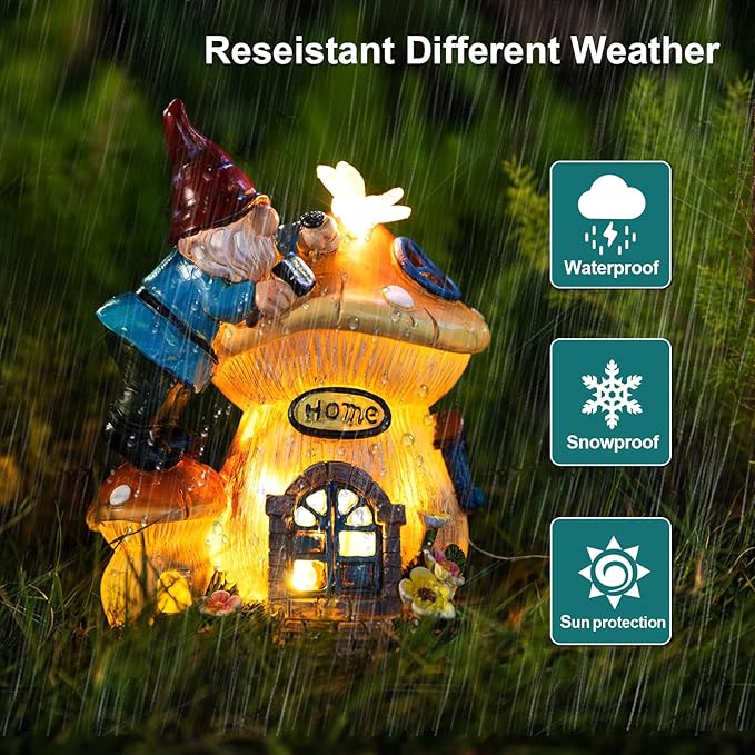 Garden Gnome Statues Figurine Lights - Solar Powered Lighting Outdoor Decorations, Gnome Build Mushroom House, Yard Art Lawn Ornaments for Porch Patio Balcony - Gnome Gifts for Women Mom