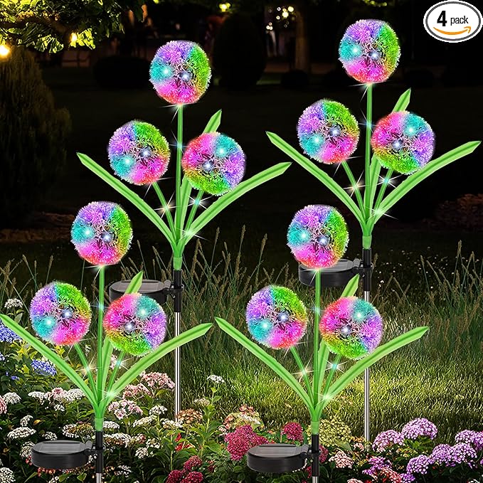 4 Pack Solar Garden Lights, Solar Flowers Lights with 4 Blooming Dandelion Flowers, Waterproof Solar Lights Outdoor for Yard Porch Patio Backyard Pathway Gardening Gifts, 2 Lighting Modes