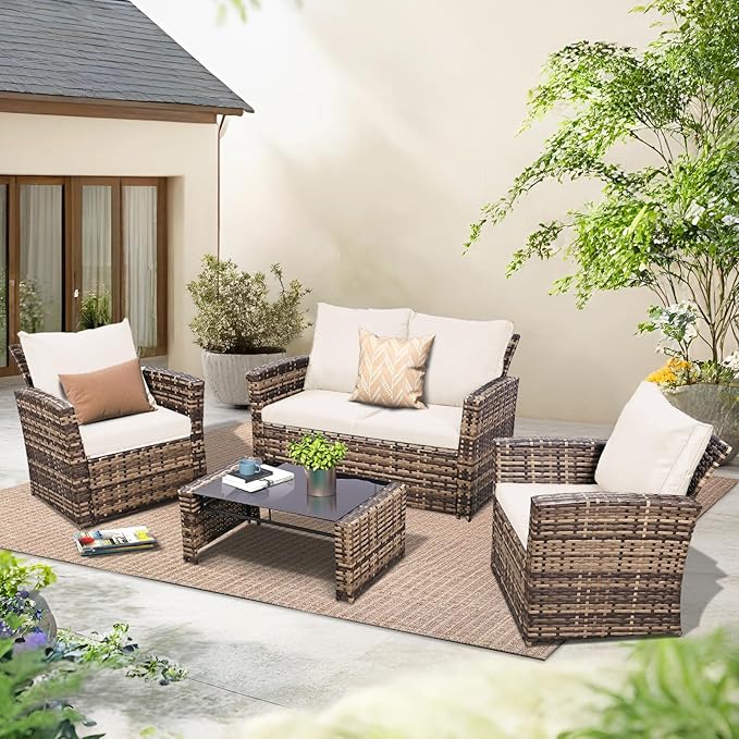 4 Piece Outdoor Patio Furniture Set,Wicker Conversation Sets Outdoor Sectional Patio Sofa Couch with Cushions & Coffee Table for Outside, Garden, Balcony, Porch,Yellow/Beige