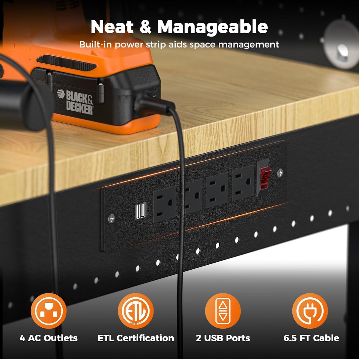 48" Heavy Duty Work Bench Adjustable Height Max Load 2000 LBS with Storage Shelf for Garage Workbench, Rubberwood Tabletop with Pegboard, LED Light, Built-in Power Strip for Woodworking Shop