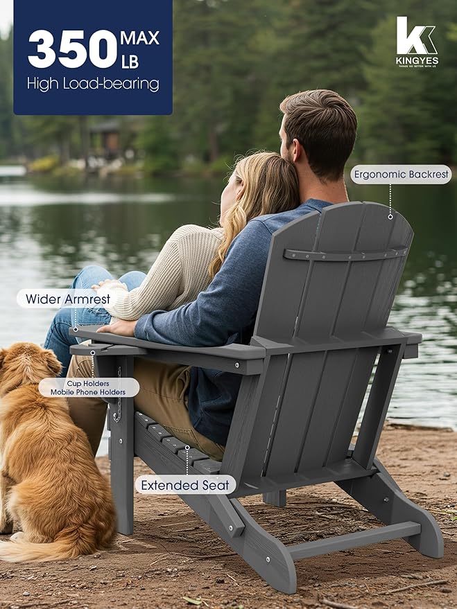 KINGYES Folding Adirondack Chair Set of 6, Dual Cup Holders & All-Weather HDPE, Wood-Like Patio Chair for Backyard, Camping, Pool & Fire Pit, Grey