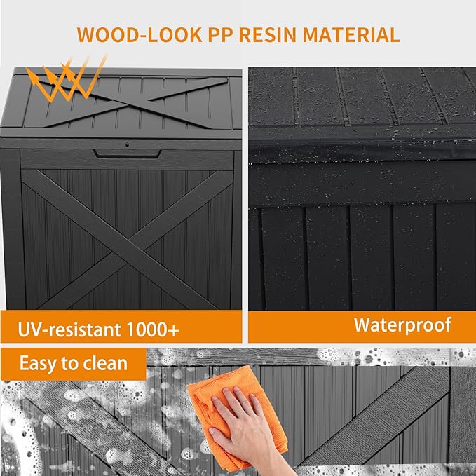 38 Gallon Outdoor Deck Box,Storage Lockable Waterproof Patio Furniture,Garden Tools,Cushions,Pool Accessories Outside Storage Resin Box(BlackX)