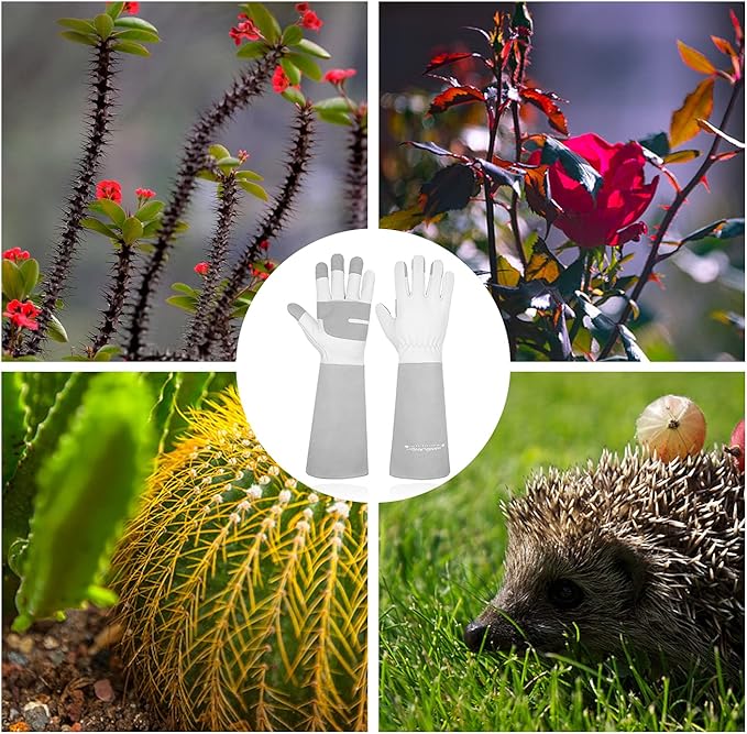 HANDLANDY Long Gardening Gloves for Men & Women, Thorn Proof Rose Pruning Gloves Leather Gauntlets Garden Glove Yard Work Glove (Small, Grey)