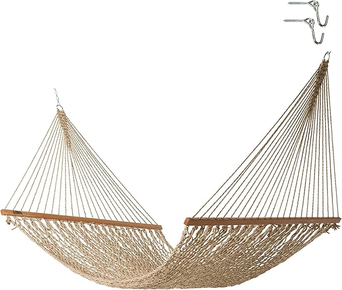 Hatteras Hammocks Deluxe Antique Brown Oatmeal Heirloom Tweed DuraCord Rope Hammock – 13 ft. x 60 in., 2-Person, 450 lb Capacity, Cumaru Spreader Bar, Zinc-Plated Hardware – Handcrafted in The USA