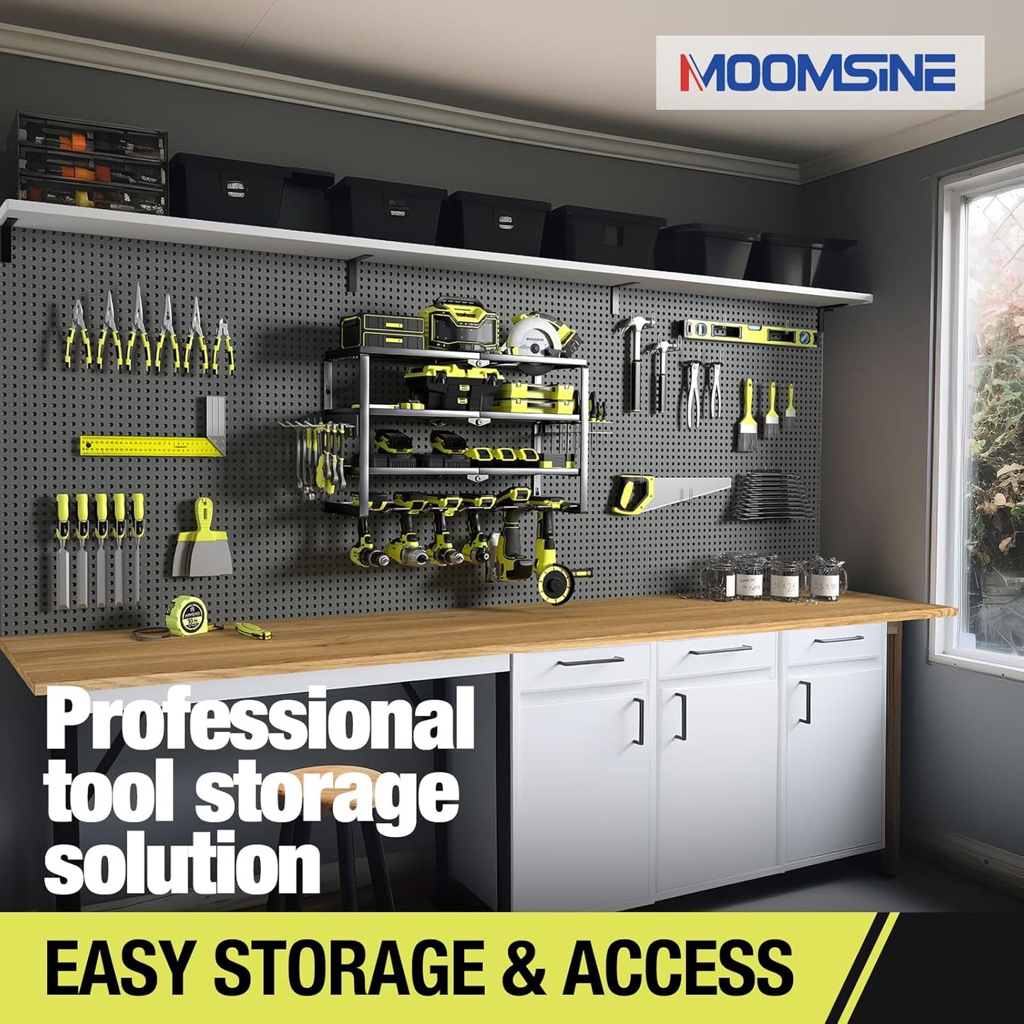 4 Layer Power Tool Organizer Wall Mount, Battery Tools Holder with Charging Station Shelf, Cordless Drill Hanger Storage Rack for Garage Organization, Workshop, Pegboard - 24 Inch 6 Slots