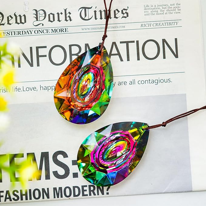 HDCRYSTALGIFTS 2PCS 76mm Crystal Prisms Suncatchers Hanging Ornament for Window, Chandelier Lamp Drops Pendant Rainbow Maker Home Garden Decoration (Single Face Colorful)