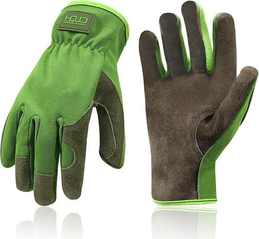 HANDLANDY Leather Work Gloves for Men & Women, Reinforced Durable Garden Gloves, Cowhide Working Glove for Gardening