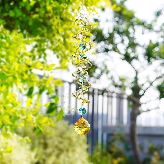 H&D HYALINE & DORA Glass Gazing Ball Spiral Tail Decorative Sun Catcher,17.7in Rainbow Maker Double-Spiral W/Yellow Crystal Ball Prism Sun Catcher for Indoor Outdoor Garden Decoration