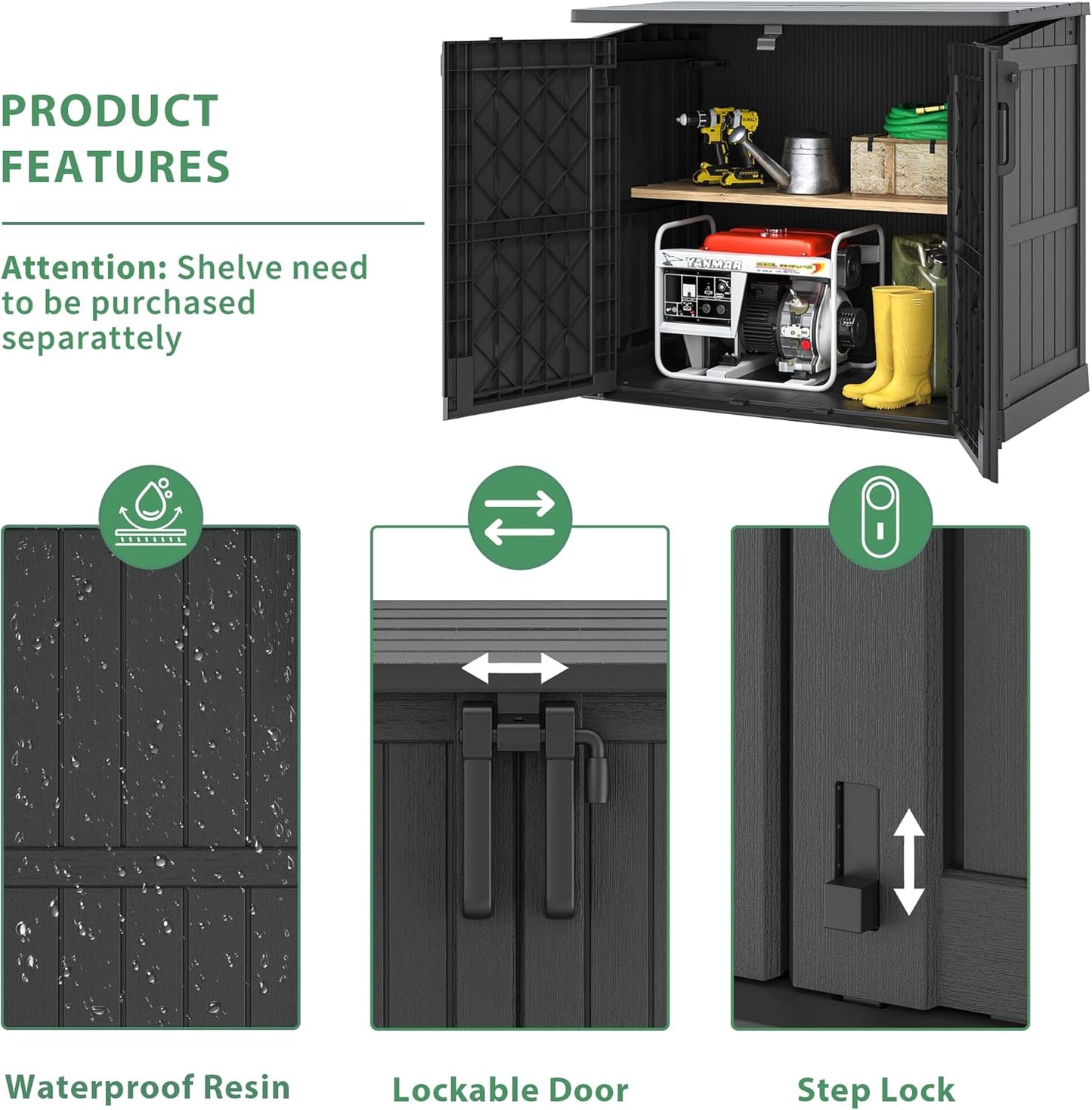 Horizontal Resin Storage Shed 36 Cu Ft with Lockable Doors, Portable Outdoor Storage Cabinet -Easy to Assemble,Sheds & Outdoor Storage, Waterproof Outdoor Storage Box for Backyards,Black