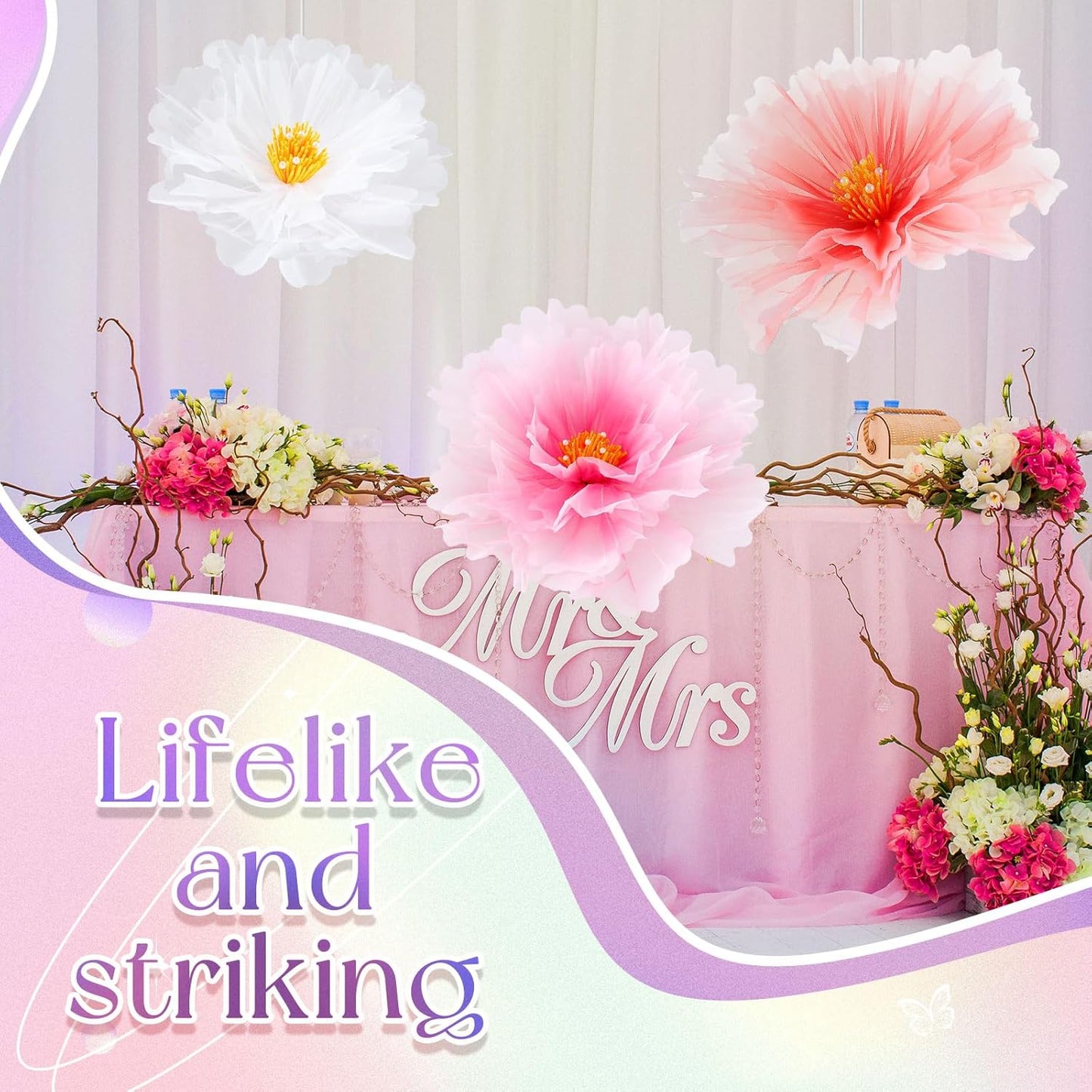 Havawish 3pcs 19.7in Giant Butterfly Flowers Decoration for Wedding Reception, Artificial Gauze Large Flower Butterflies Prop for Wedding Banquet Ceremony Church Party(Flowers)