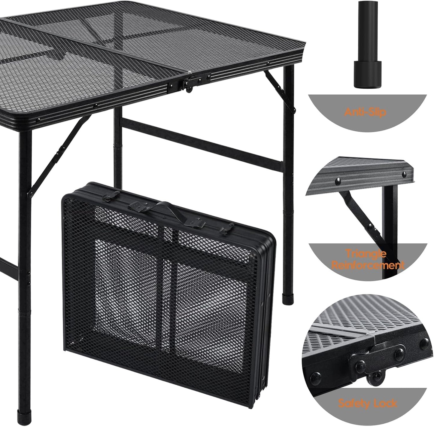 3x2 FT Folding Grill Table, Portable Camping Table for Outside, Adjustable Height Folding Table with Desktop & Mesh Bag, Lightweight Outdoor Table for Camping, Picnic, BBQ