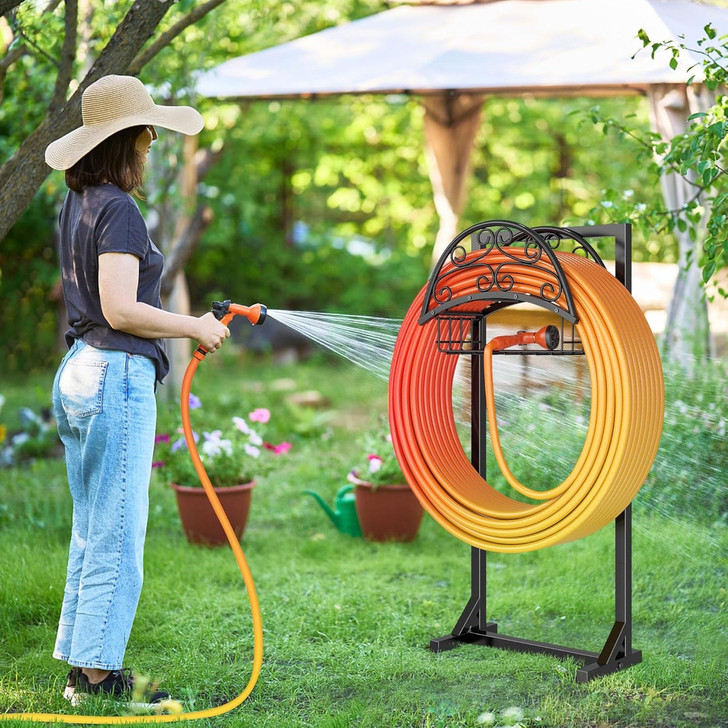 Garden Hose Holder – Freestanding Water Hose Holder with Storage Basket, Sturdy Metal Hose Stand and Hanger, Heavy-Duty Garden Hoses Storage Rack for Outside, Supports 151FT