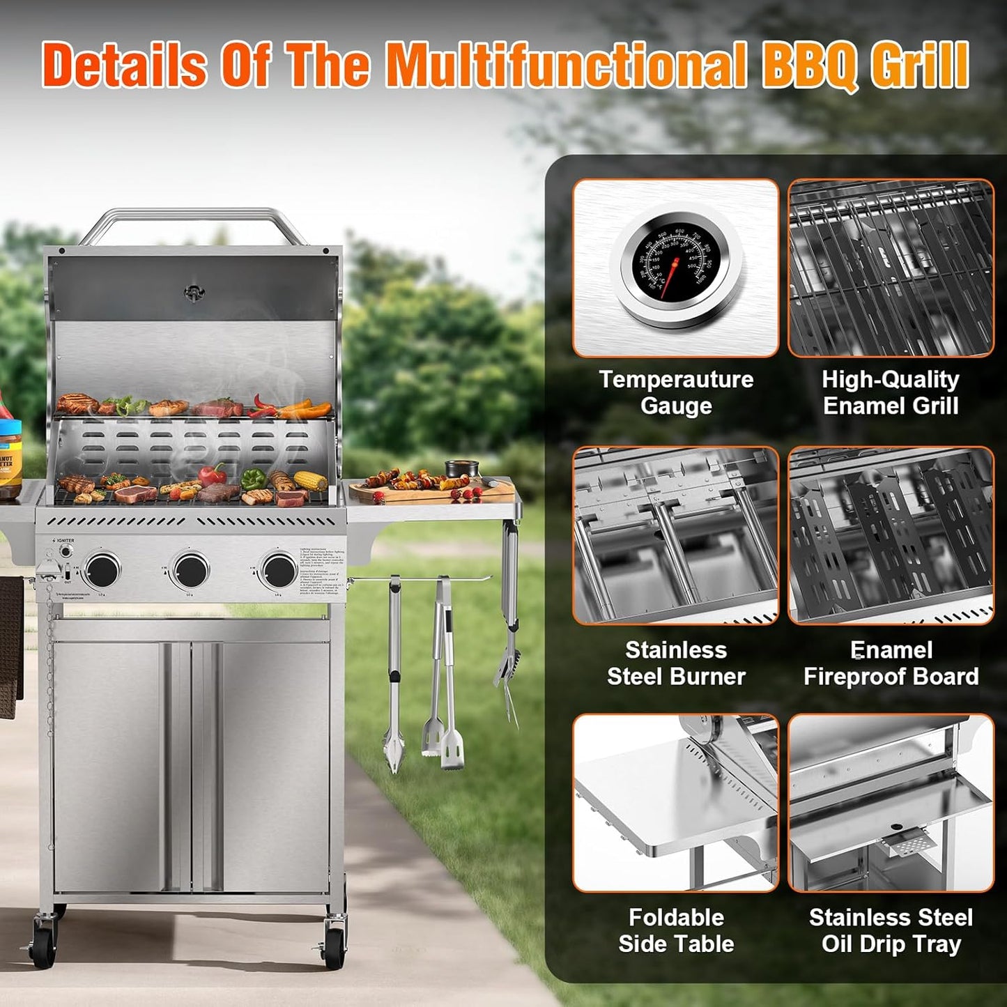 3-Burner Gas Grill with Folding Side Tables,Stainless Steel 24,000 BTU BBQ Grill,Outdoor Propane Grill for Barbecue,Patio,Camping