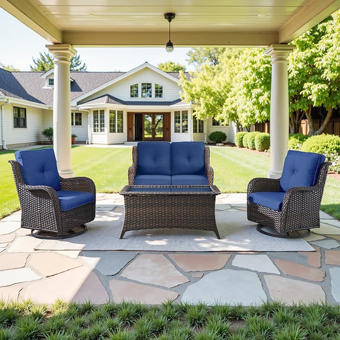 4 Piece Patio Furniture Set - Outdoor Glider Bench with Swivel Rocker Chairs and Coffee Table, High Back Small Outdoor Conversation Furniture Sets for Deck Sunroom Balcony Backyard