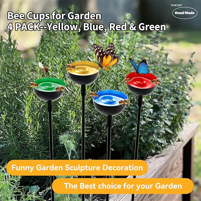 4 Pack Bee Cups For Garden, Bee Waterer And Butterfly Water Stations, Bee Water Catcher Cups For Thirsty Pollinators, Bee Bath, Colorful Metal Garden Sculpture Stakes Decor, Bee Houses For The Garden