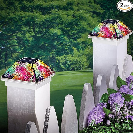2PK Mosaic Solar Post Cap Lights Outdoor for 4x4, 3.5x3.5 Post Crackled Glass Deck Fence Lamp Weatherproof LED Light Decor in Garden, Yard, Outdoor Table, Balcony, Landscape- Multi-Colored