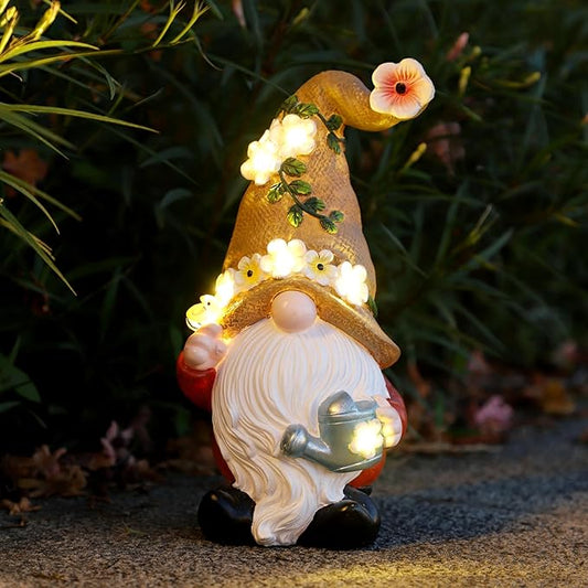 Garden Gnomes in The Hat Stood -Solar Resin Spring Bee Gnome Figurine Statue Garden Lights Outdoor Decorations Waterproof for Patio,Yard,Lawn,