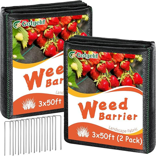 3ft x 100ft Weed Barrier Landscape Fabric, 3.2oz Heavy Duty Woven Geotextile with 20 U-Shaped Pegs & Pre-Printed Cutting Lines, Ground Cover Colth Garden Bed Liner for Landscape, Driveway, Greenhouse