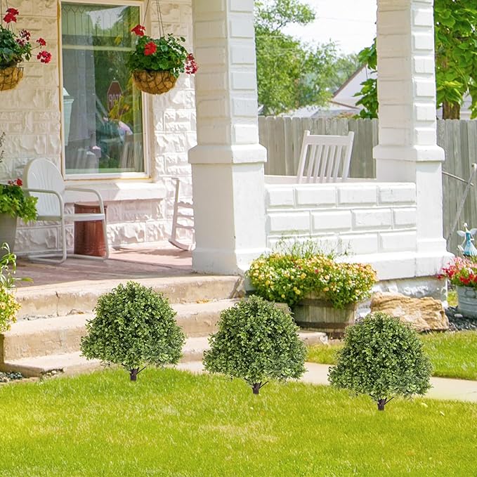 27" Tall Artificial Boxwood Ball Topiary Trees Set of 2, UV Resistant Large Faux Plants Outdoor, 2ft Fake Bushes and Shrubs Look Real with Ground Spike for Front Porch Outside Planter Backyard Decor