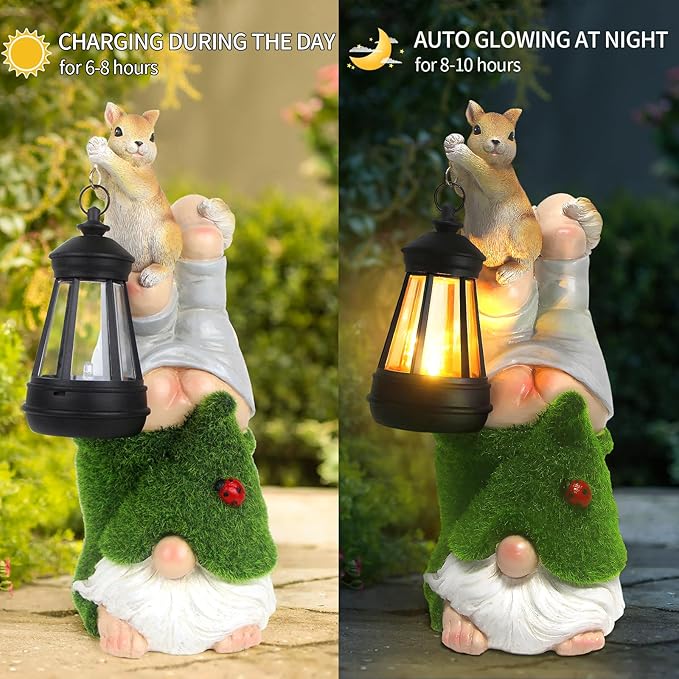Garden Gnome with Squirrel Outdoor Statue,Flocked Gnome Statue Holding Lantern with Solar Lights,Outdoor Gnomes Decorations for Yard Patio Lawn Porch,Gifts for Mom