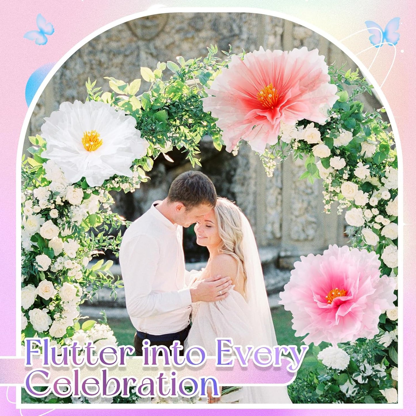 Havawish 3pcs 19.7in Giant Butterfly Flowers Decoration for Wedding Reception, Artificial Gauze Large Flower Butterflies Prop for Wedding Banquet Ceremony Church Party(Flowers)