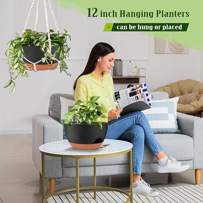 Hanging Planters for Outdoor Indoor Plants, 2 Pack 12 Inch Hanging Basket Plants Outdoor, Self Watering Hanging Planter with Plant Hanger for Garden Home Decoration (Black)