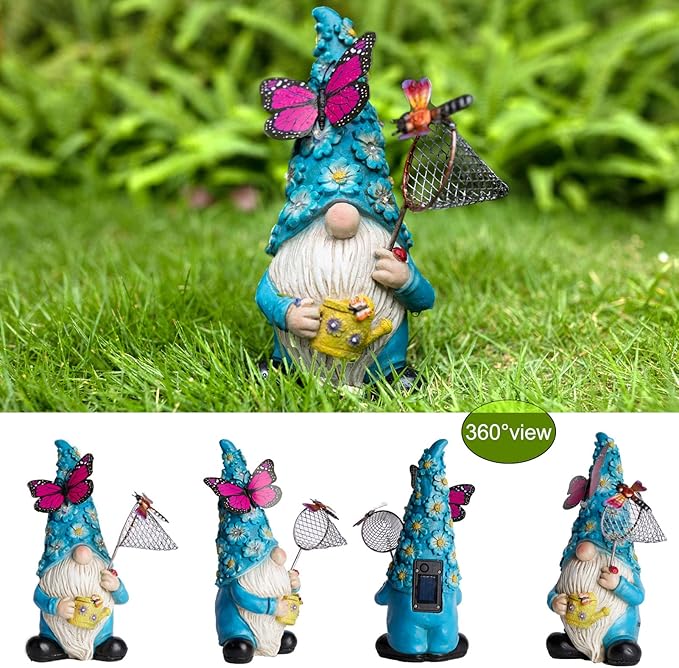 Garden Gnome Statues Outdoor Decor Solar Gnomes with Butterfly on LED Lighted Flowers, Resin Blue Gnomes Sculpture for Patio Yard Lawn Onament Decoration