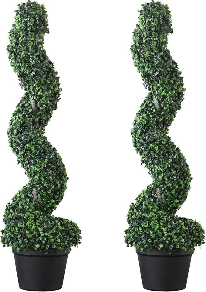 39 inchBoxwood Artificial Cedar Spiral Topiary Trees – Decorative Fake Greenery in Planter Pots for Front Porch, Outdoor Walkway, Entryway Decorating, Set of 2