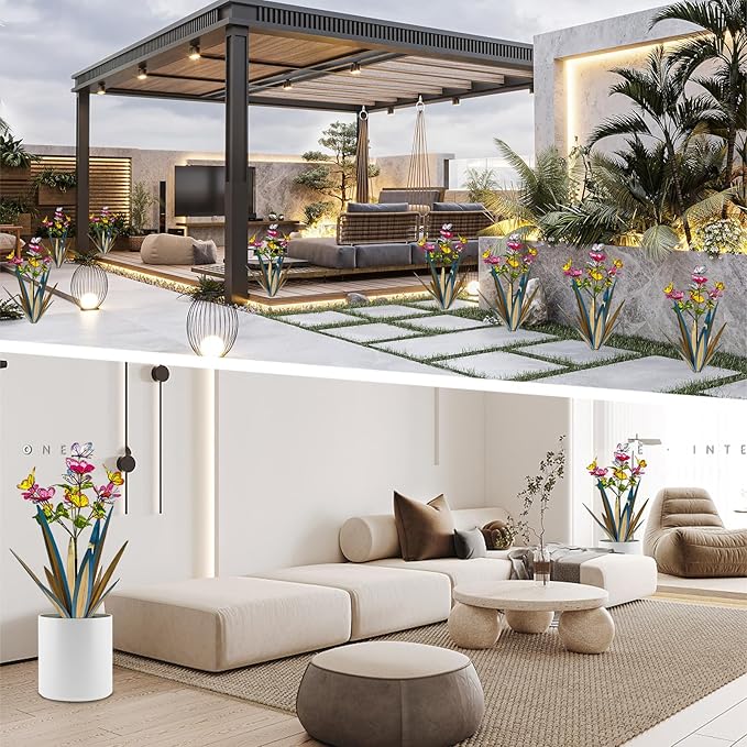 Garden Outdoor Butterfly Enlarge Thickened Wind Resistant Metal Agave Garden Art Metal Plant Country Sculpture Statue Decorations Ornaments Artificial Waterproof Butterflies(Blue 2pcs)