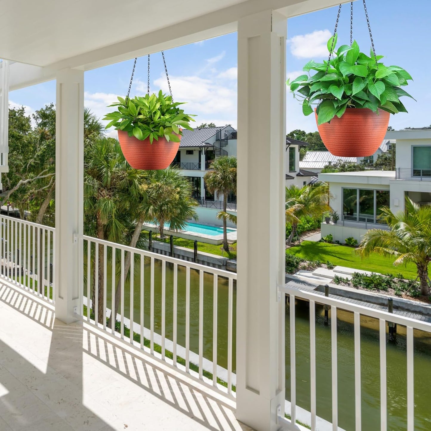 Hanging Planters for Indoor Outdoor Plants, Set of 2 Self Watering Hanging Pots with Drainage Hole & Plug and 20" Chain & Hooks