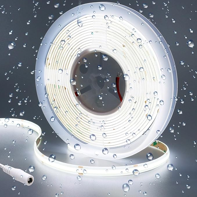 24V COB LED Strip Light Cool White 6000K 5M/16.4ft 2400LEDs Waterproof IP65 Uniform Glow CRI 93+ Flexible LED Tape Lights for DIY Cabinet Bedroom Kitchen Home Decor(No Power Supply)