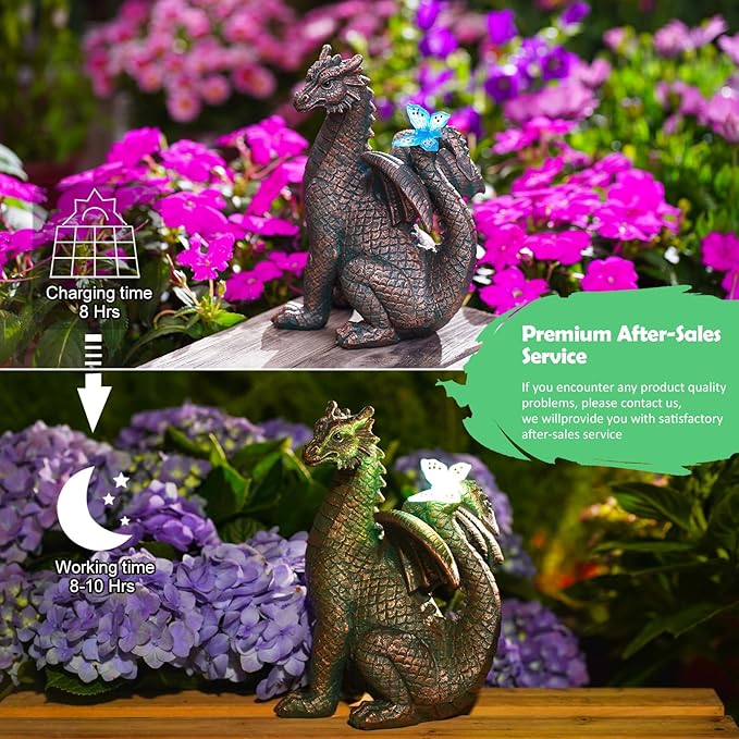 Garden Decor Solar Dragon Statues: Outdoor Sculptures with Glowing Butterfly for Lawn Ornaments Yard Art Porch Patio Balcony - Gifts for Mom Grandma Women