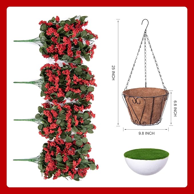 Hanging Baskets Artificial Flowers for Outdoor Interior Decor, Artificial Daisies Flowers Shrubs Plants with Baskets for Home Porch Garden Patio Patio Spring Summer Decor(Red)