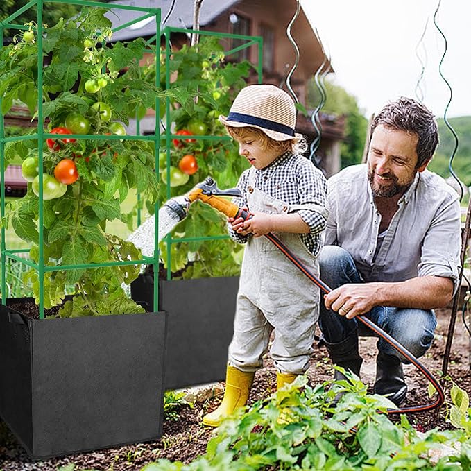 3 Packs 47 x 16 x 16 Inch Garden Tomato Cages with 17.7 Gallon Grow Bags- Square Plant Support Trellis Assembled with Planter Bags- Garden Cucumber Vegetables Frames for Vertical Climbing Plants