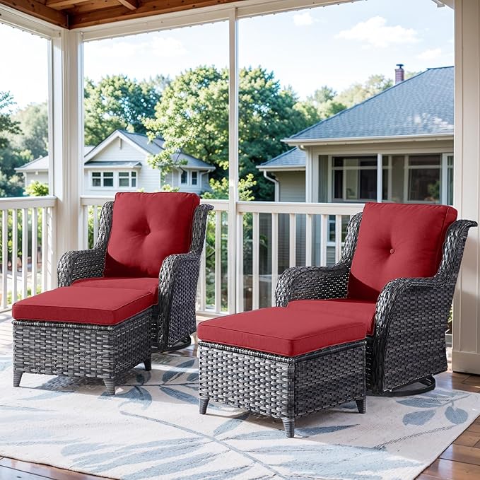 4 Pieces Patio Furniture Sets, Wicker Patio Swivel Glider Chair with Ottomans, Outdoor Furniture Set for Outside Porch, Deck, Balcony, Garden
