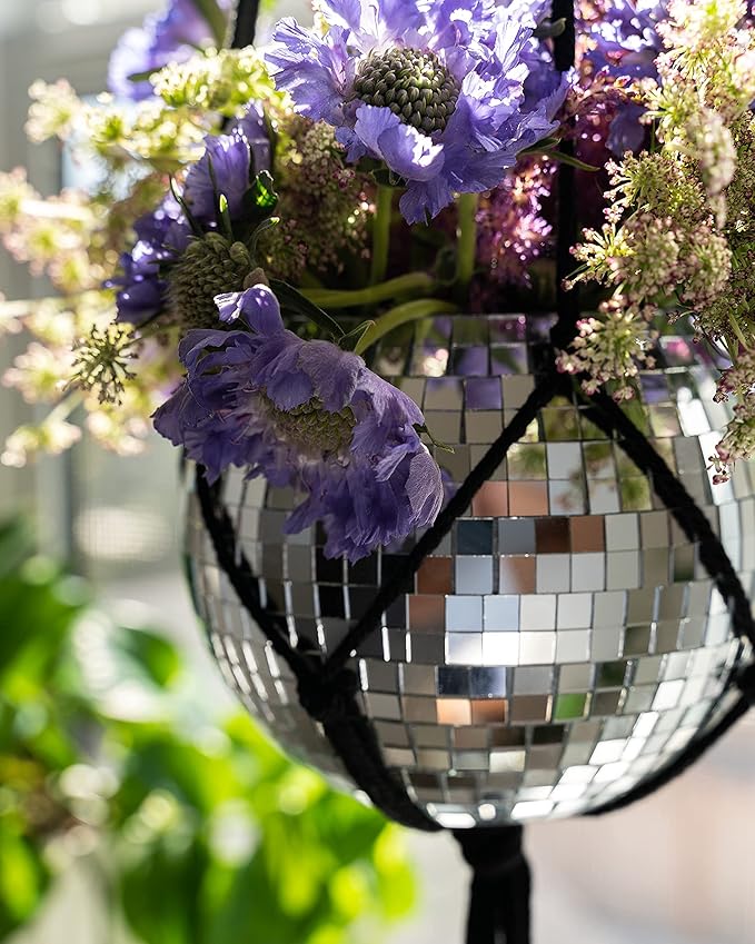 Hanging Disco Ball Planter 8" - with Acrylic Stand and Macrame Plant Hanger - Home Décor, Room Décor, Mirror Disco Planter, Disco Decor (6" with Black Hanger, Flat Base)