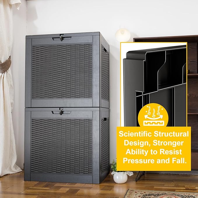 36 Gallon Outdoor Deck Box,Storage Lockable Waterproof Patio Furniture,Garden Tools,Cushions,Pool Accessories Outside Storage Resin Box(Black Pattern)