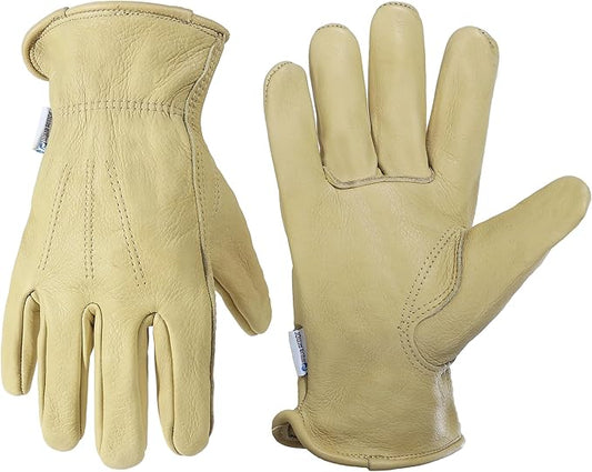 HLDD HANDLANDY Leather Work Gloves for Men & Women, Adjustable Wrist Cowhide Gardening Glove with Reinforced Palm for Driver