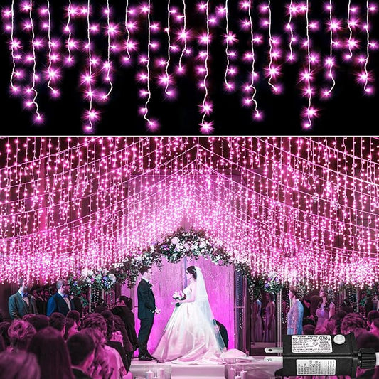33ft Icicle Lights for Outside, Pink Christmas Lights Outdoor Waterproof for House, 400 LED Twinkle Light with 75 Drops Clear Wire Short Curtain Lights for Room Home Wall Indoor Decorations