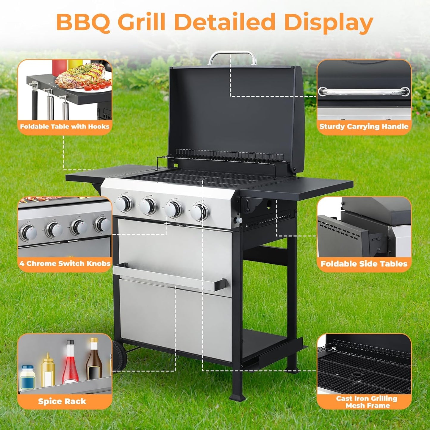 4 Burner Propane Grill with Built-in Thermometer, Durable Lid, Wheels, Foldable Side Tables, Stainless Steel Grilling Pan, 49,200 BTU Gas Grill for Patio, Garden Barbecues
