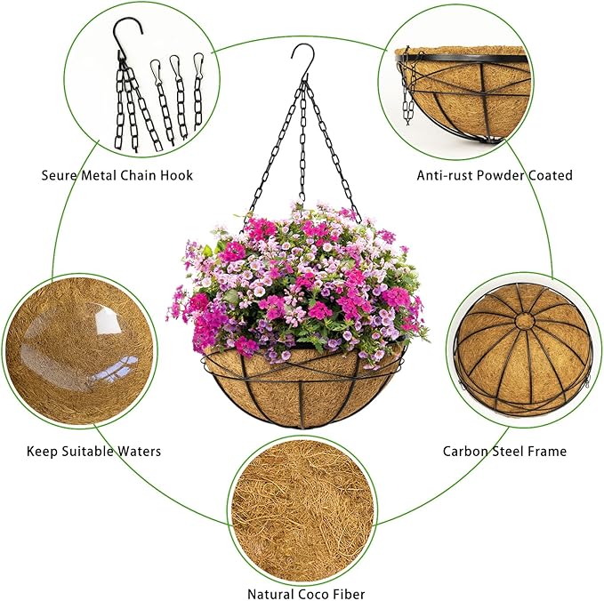 4 Pack 18 Inch Hanging Planters for Outdoor Plants Extra Large Hanging Baskets Flower Pots with Natural Coconut Liner for Porch Balcony Garden Decor