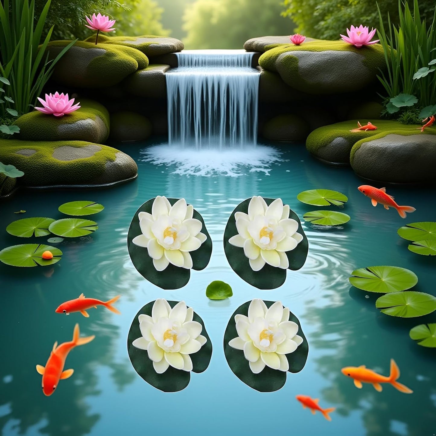 4 Pieces Artificial Floating Lotus Flowers with Lily Pads, Decorative Foam Water Plants for Pond, Pool, Garden Fish Tank Aquarium Home Garden Special Decoration Outdoor Décor,Artificial Flowers
